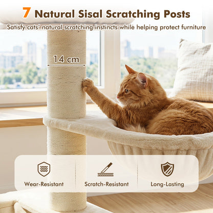 Cat Tree by DirectDeals 75.5in tall with natural sisal posts, hammock & basket beige on Tampa Home & Garden Store
