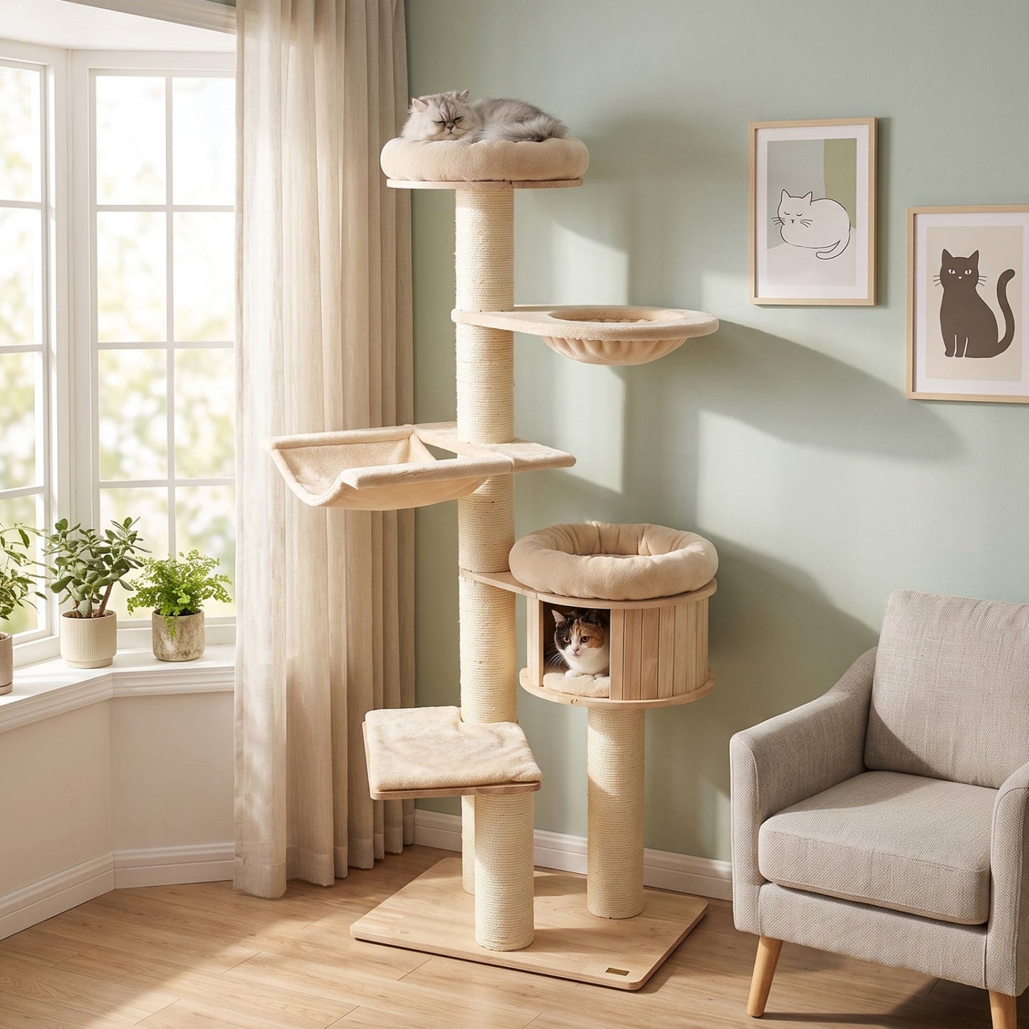 75.5in Cat Tree with sisal posts, hammock & basket in beige by DirectDeals on Tampa Home & Garden Store