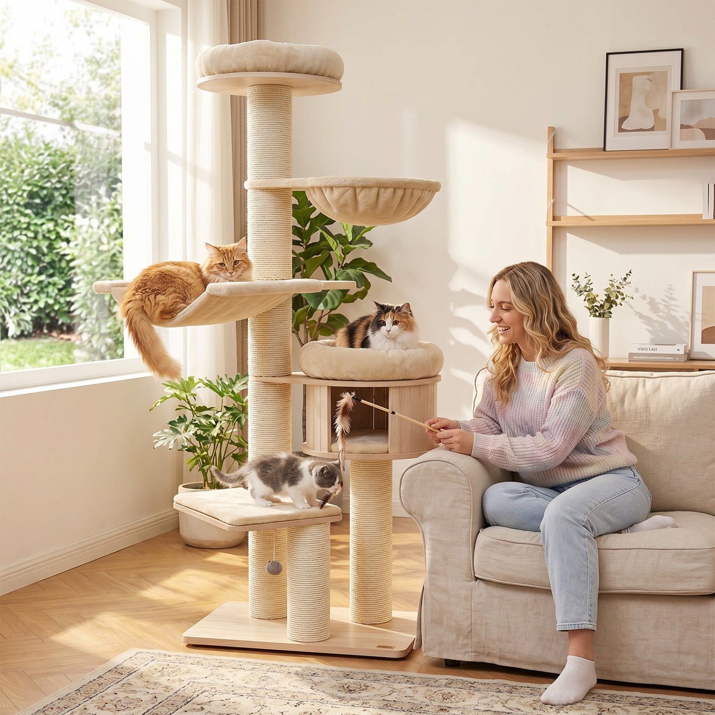 75.5-inch Tall Cat Tree with sisal posts, hammock and basket in beige DirectDeals on Tampa Home & Garden Store