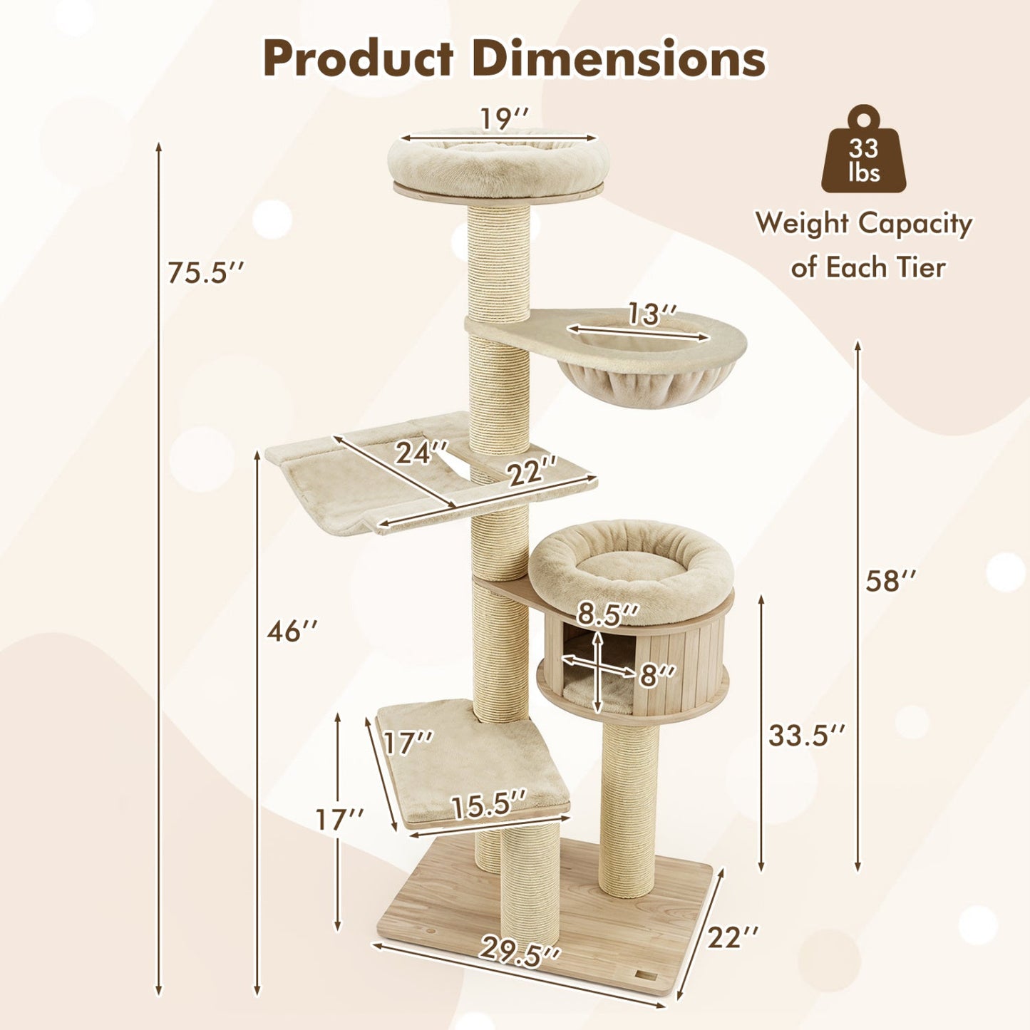 75.5in tall cat tree DirectDeals with sisal posts, beige plush hammock and basket on wood base on Tampa Home & Garden Store