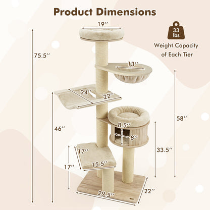 75.5in tall cat tree DirectDeals with sisal posts, beige plush hammock and basket on wood base on Tampa Home & Garden Store