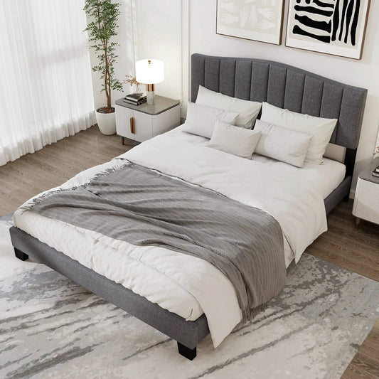 Modern Queen Upholstered Bed Frame with gray channel-tufted headboard and white bedding on Tampa Home & Garden Store