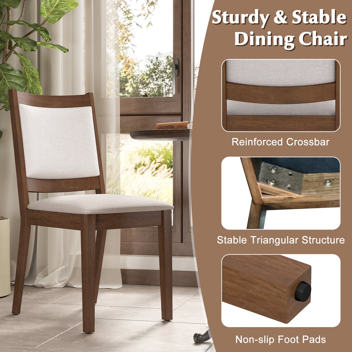 Set of 2 modern dining chairs with brown wood frame and cream upholstered padded backrests on Tampa Home & Garden Store