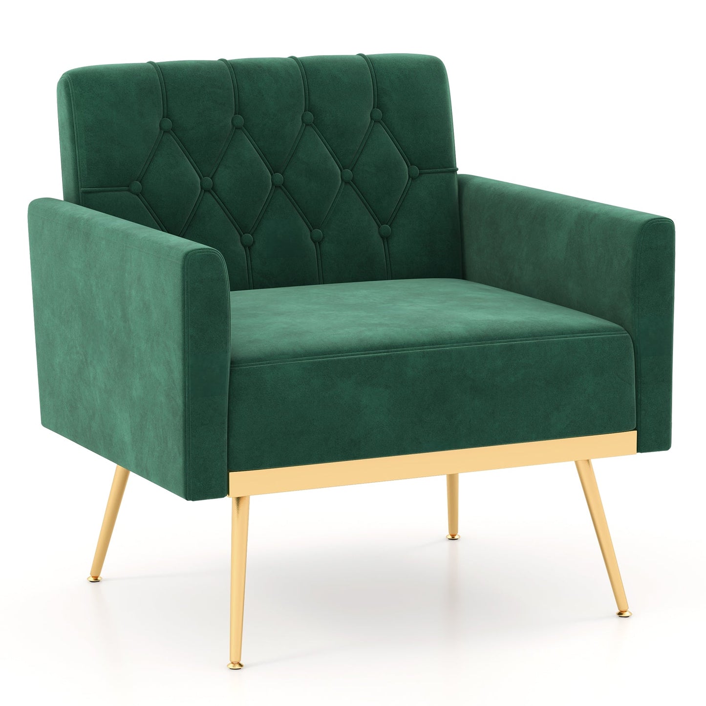 Modern Velvet Accent Chair with Button Tufted Back Golden Metal Legs and Adjustable Foot Pads-Green