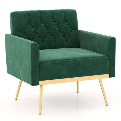 Modern Velvet Accent Chair with Button Tufted Back Golden Metal Legs and Adjustable Foot Pads-Green