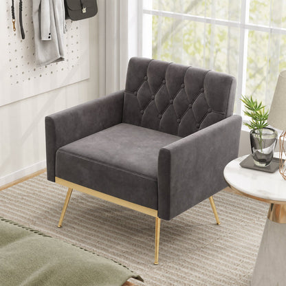 Modern velvet accent chair with button-tufted back, dark gray fabric, gold legs on Tampa Home & Garden Store
