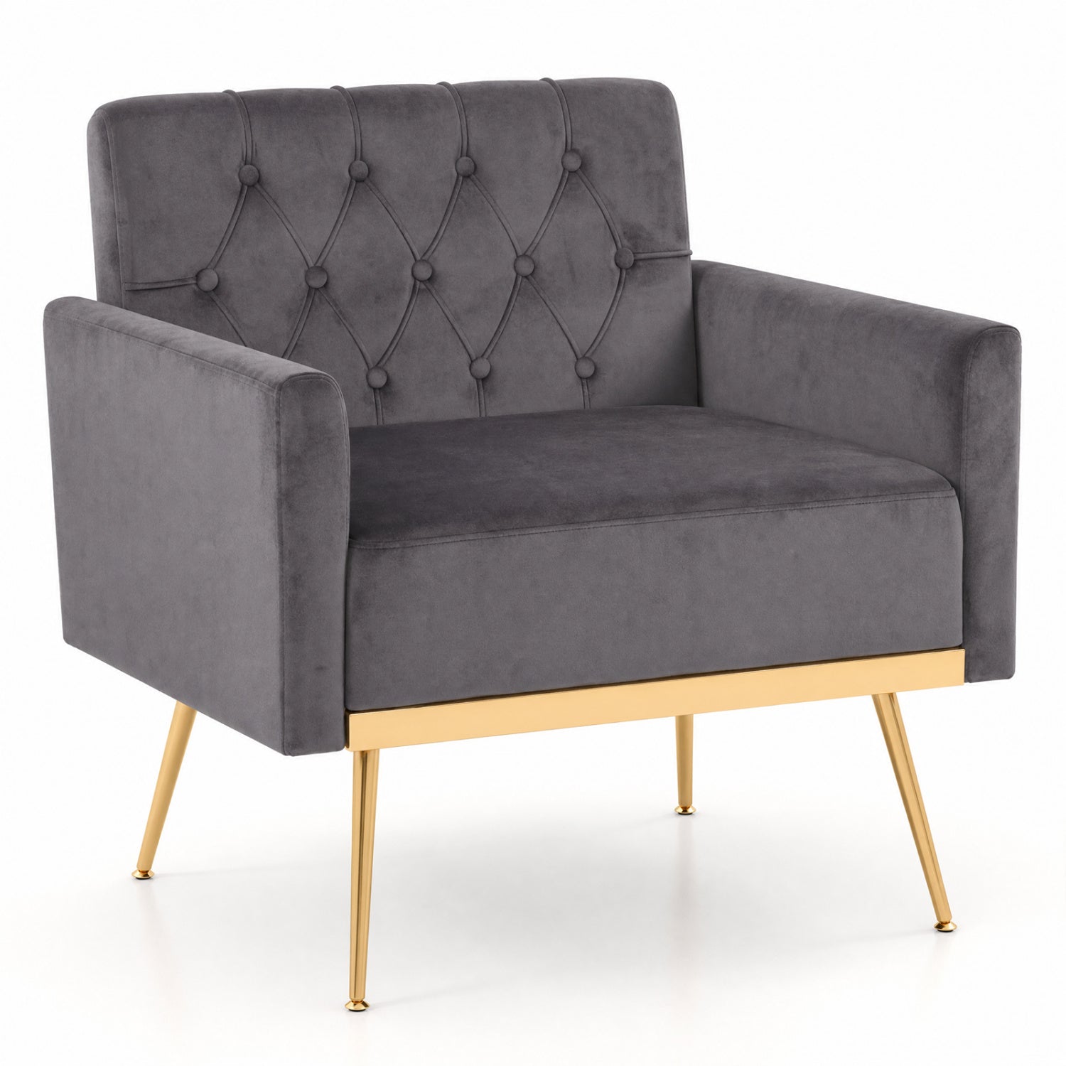 Modern velvet upholstered accent chair with tufted back, gray fabric, gold-tone legs on Tampa Home & Garden Store