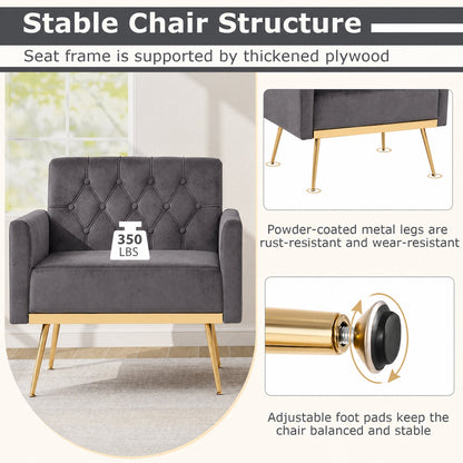 DirectDeals modern velvet upholstered accent chair with button-tufted back and gold legs, adjustable feet on Tampa Home & Garden Store