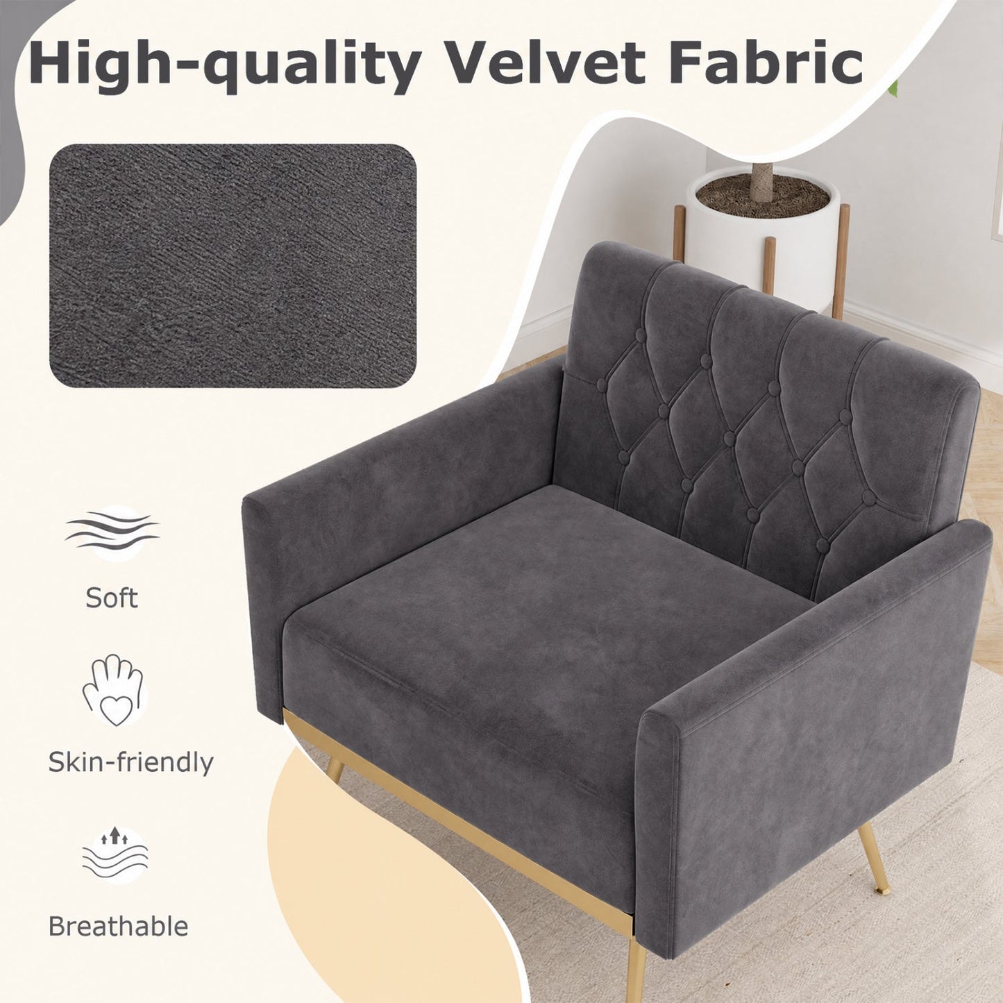 Modern Velvet Accent Chair by DirectDeals with tufted back, dark gray velvet, gold legs on Tampa Home & Garden Store