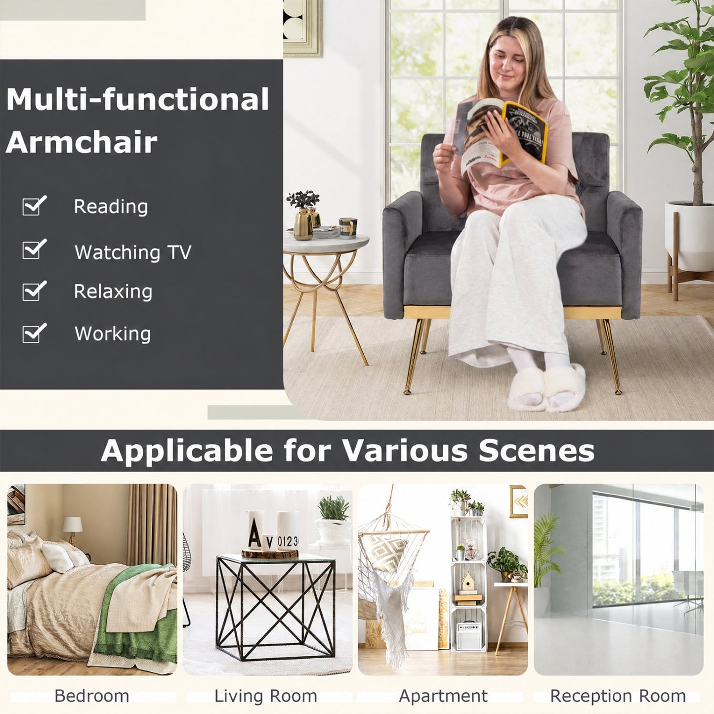 DirectDeals dark gray velvet upholstered accent chair with button-tufted back and gold legs on Tampa Home & Garden Store