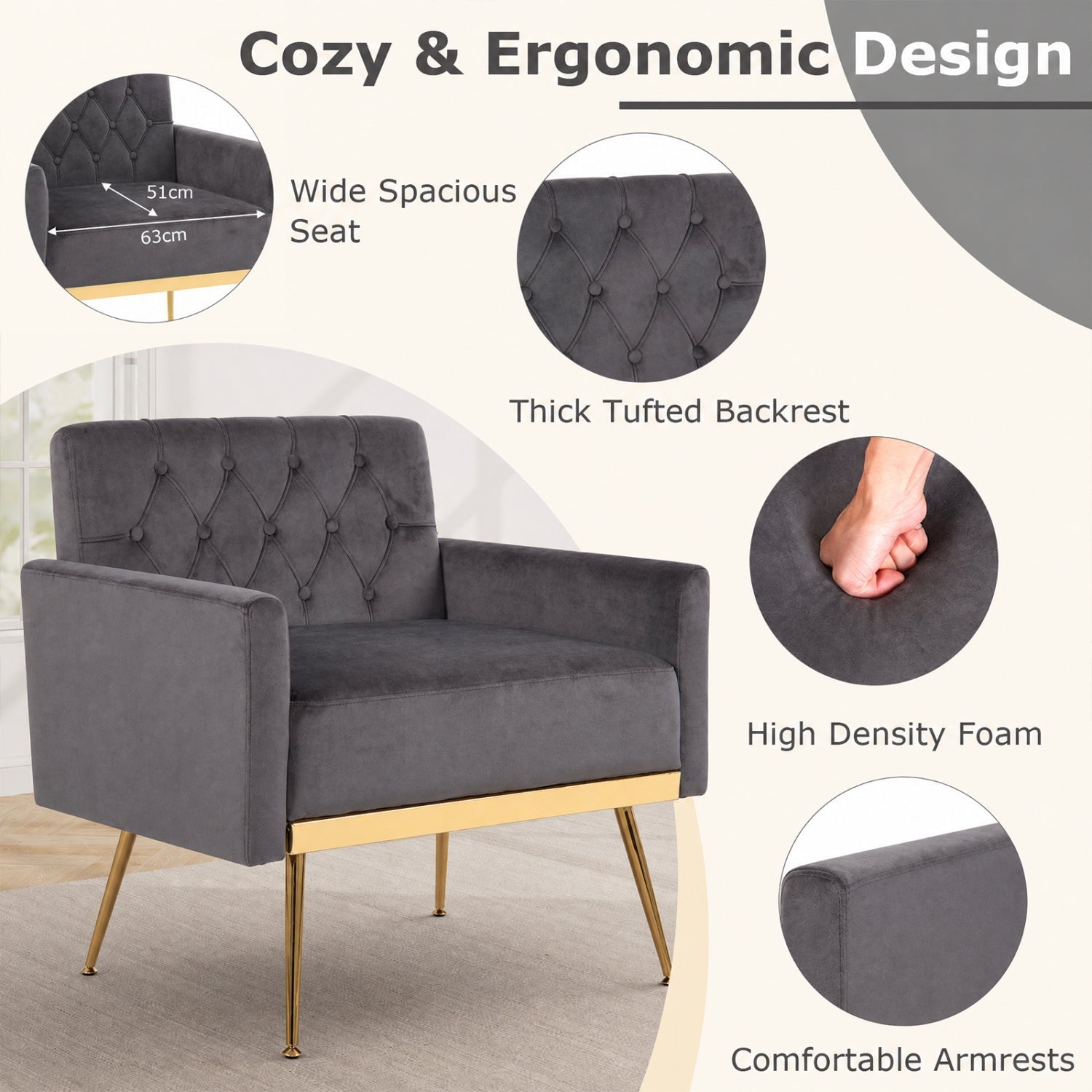 Modern Velvet Upholstered Accent Chair gray with button-tufted back and gold legs DirectDeals on Tampa Home & Garden Store