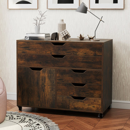Modern Vertical 5-Drawer Mobile Chest with Door 5 Casters