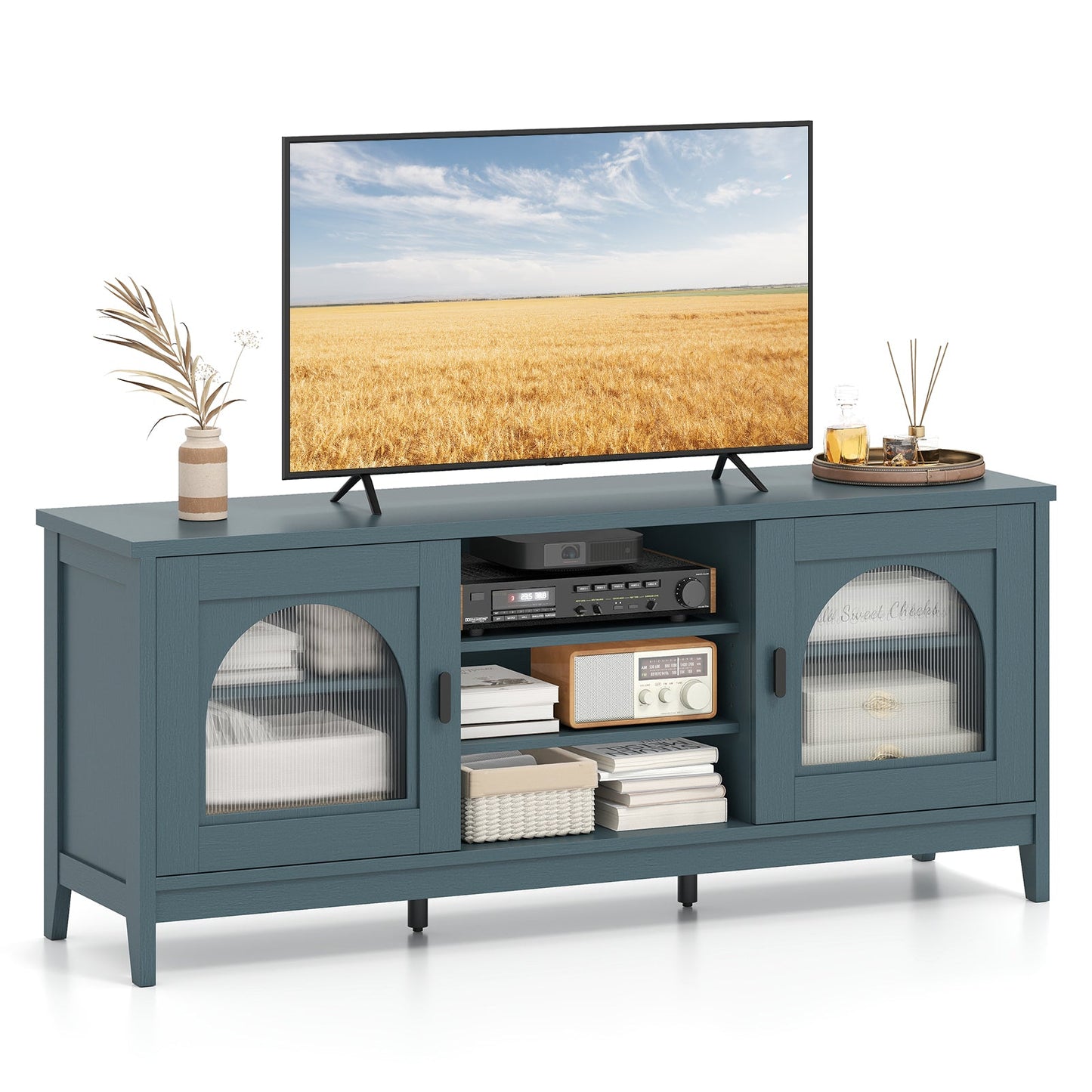 DirectDeals Modern Vintage TV Cabinet teal adjustable shelves 2 cable holes for 65in TVs on Tampa Home & Garden Store