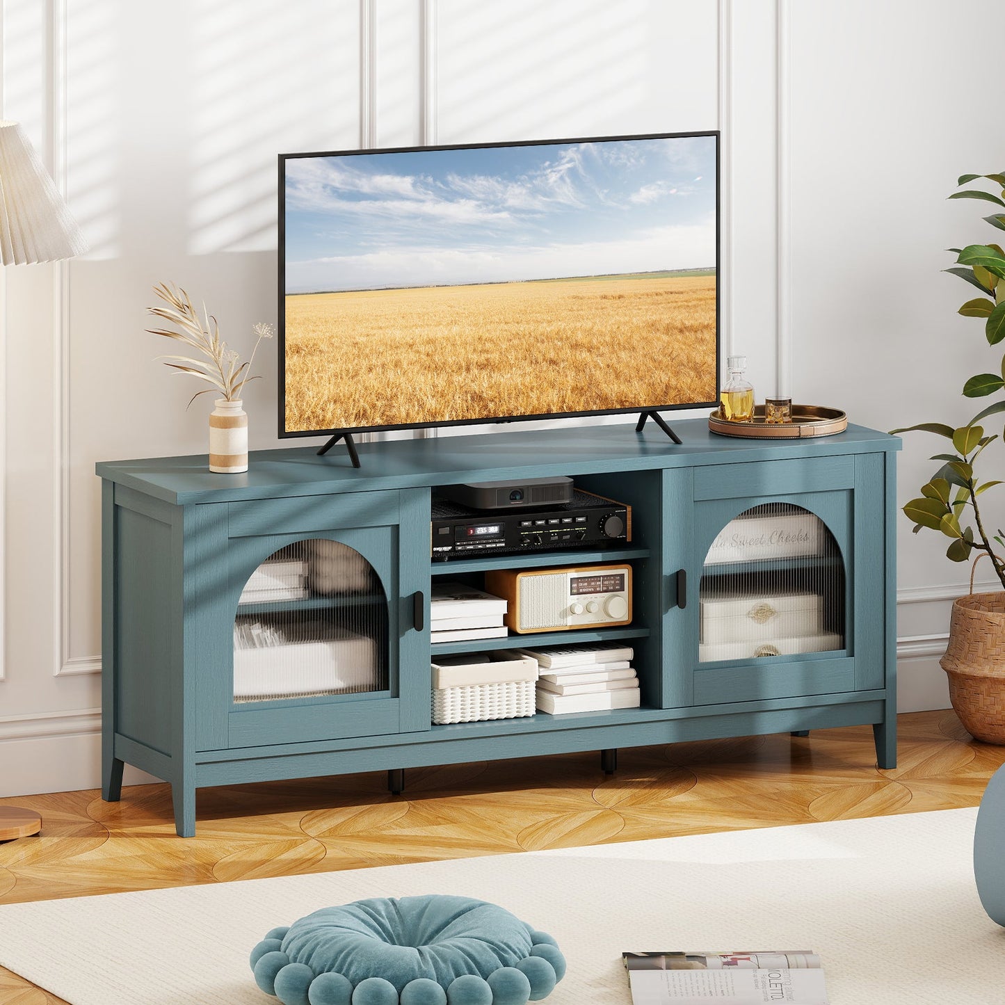 Modern Vintage TV Cabinet teal with adjustable shelves and 2 cable holes 65in DirectDeals on Tampa Home & Garden Store