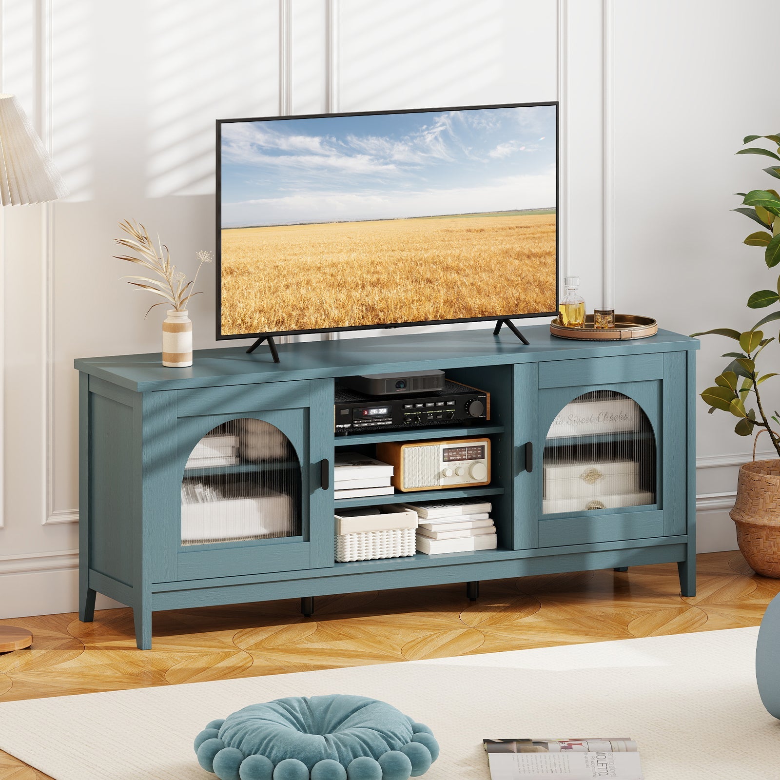 Modern Vintage TV Cabinet teal with adjustable shelves and 2 cable holes 65in DirectDeals on Tampa Home & Garden Store