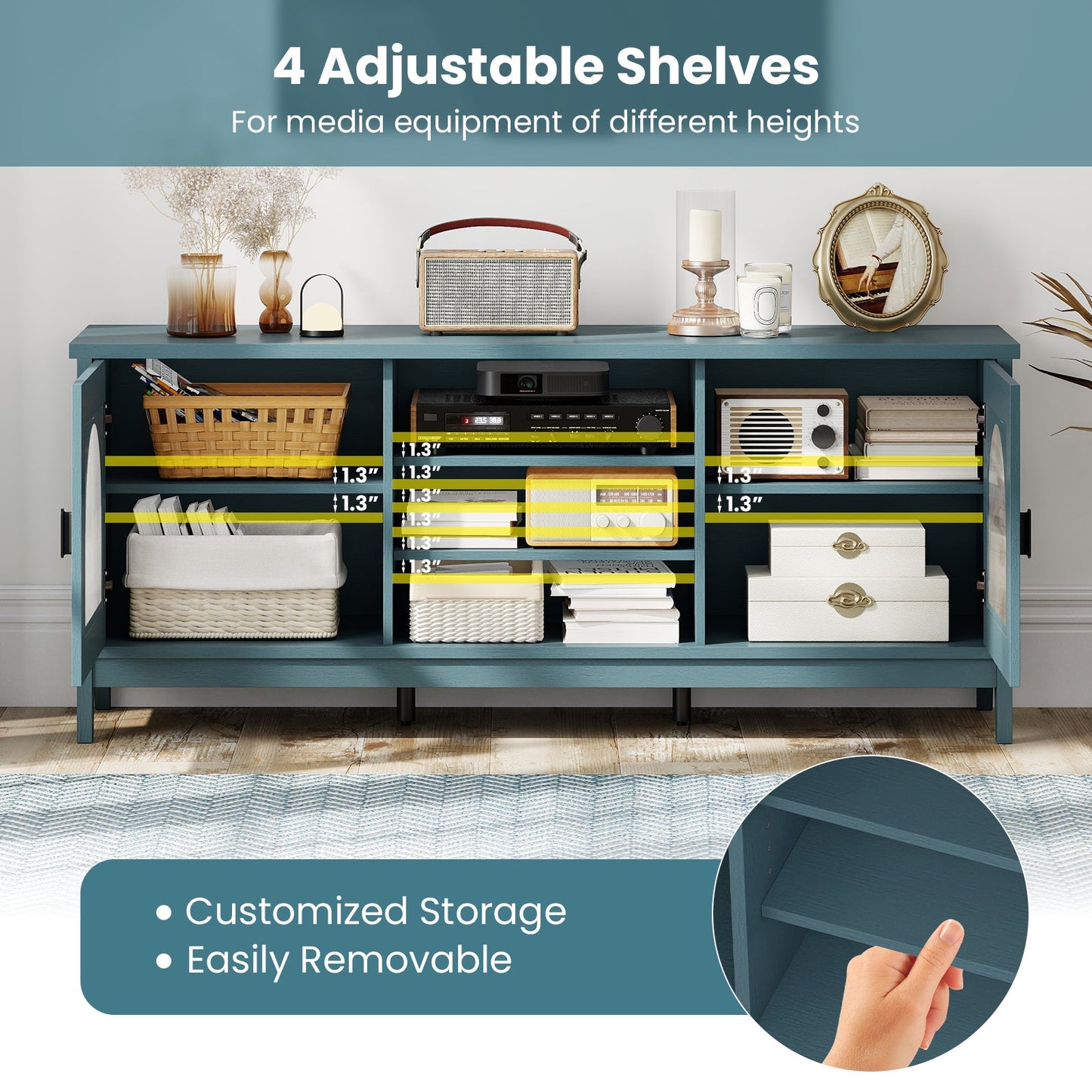 Modern Vintage TV Cabinet by DirectDeals in teal blue with adjustable shelves and 2 cable holes on Tampa Home & Garden Store