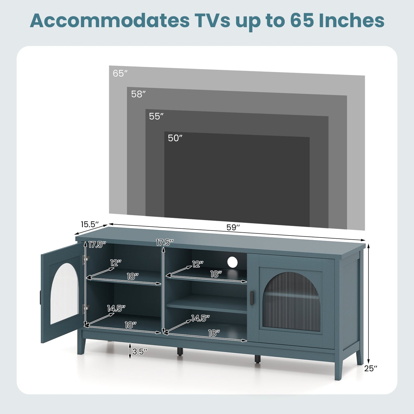DirectDeals Modern Vintage TV Cabinet blue adjustable shelves, 2 cable holes for 65in TVs on Tampa Home & Garden Store