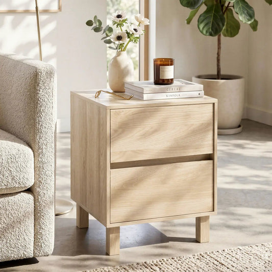 End Table with 2 storage drawers in natural wood finish; vase with flowers, candle on top on Tampa Home & Garden Store