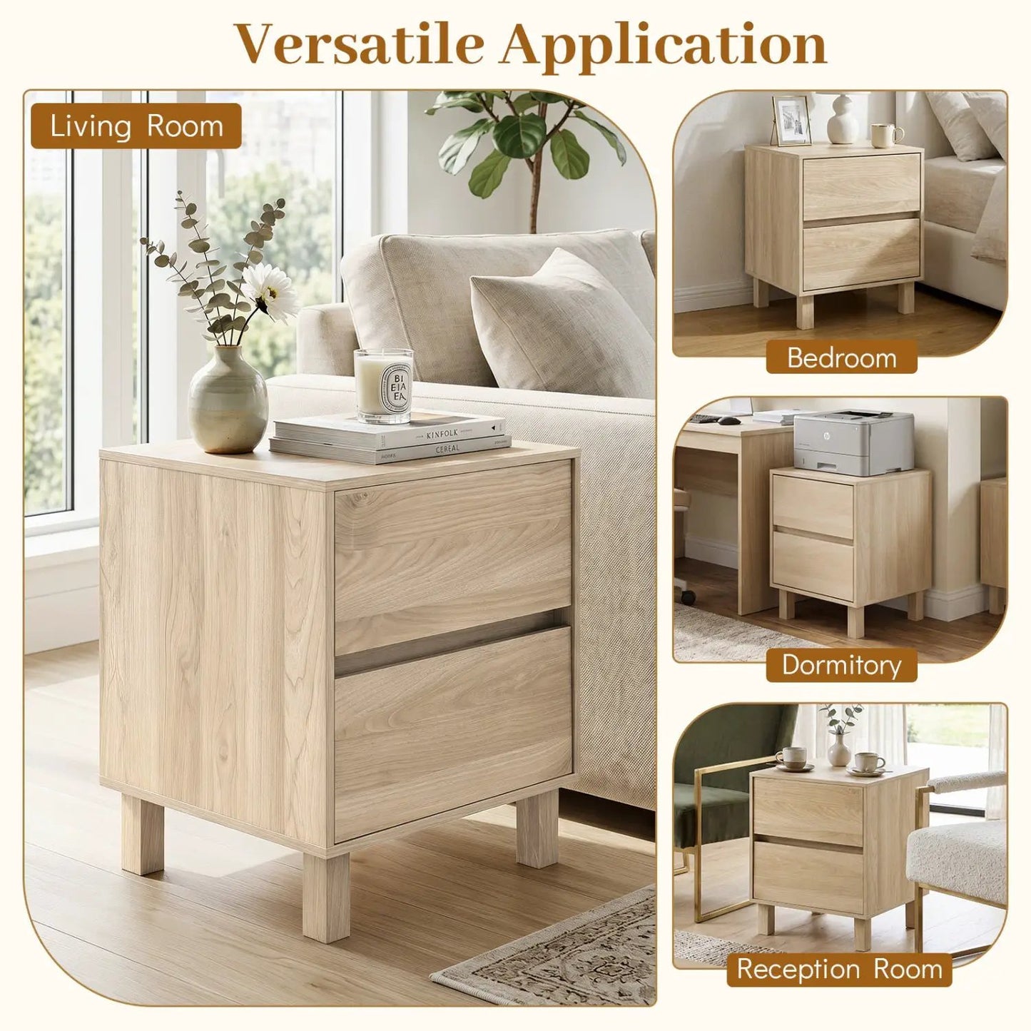 End Table with Storage Drawers in Natural Wood