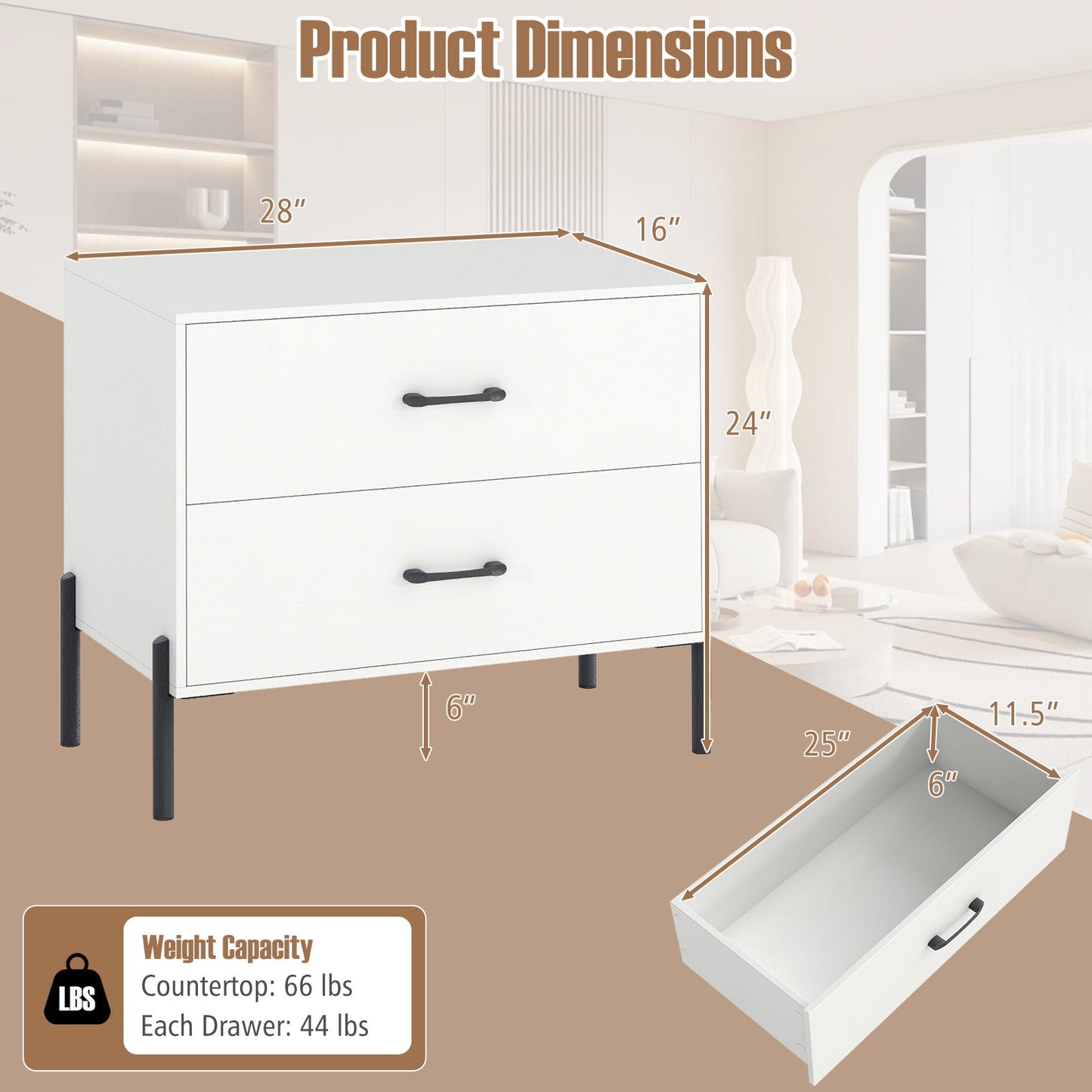 Modern Wooden 2-Drawer Nightstand with Metal Legs and Handles-White