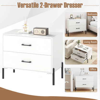 Modern Wooden 2-Drawer Nightstand with Metal Legs and Handles-White