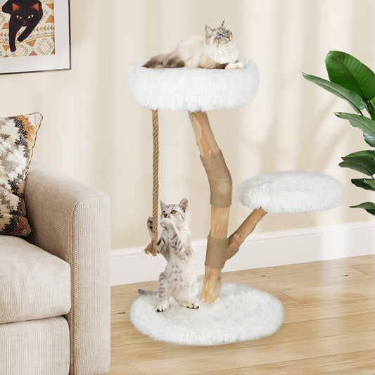 Wooden cat tree tower by DirectDeals with white faux fur cushions, sisal rope posts, 2 perches on Tampa Home & Garden Store