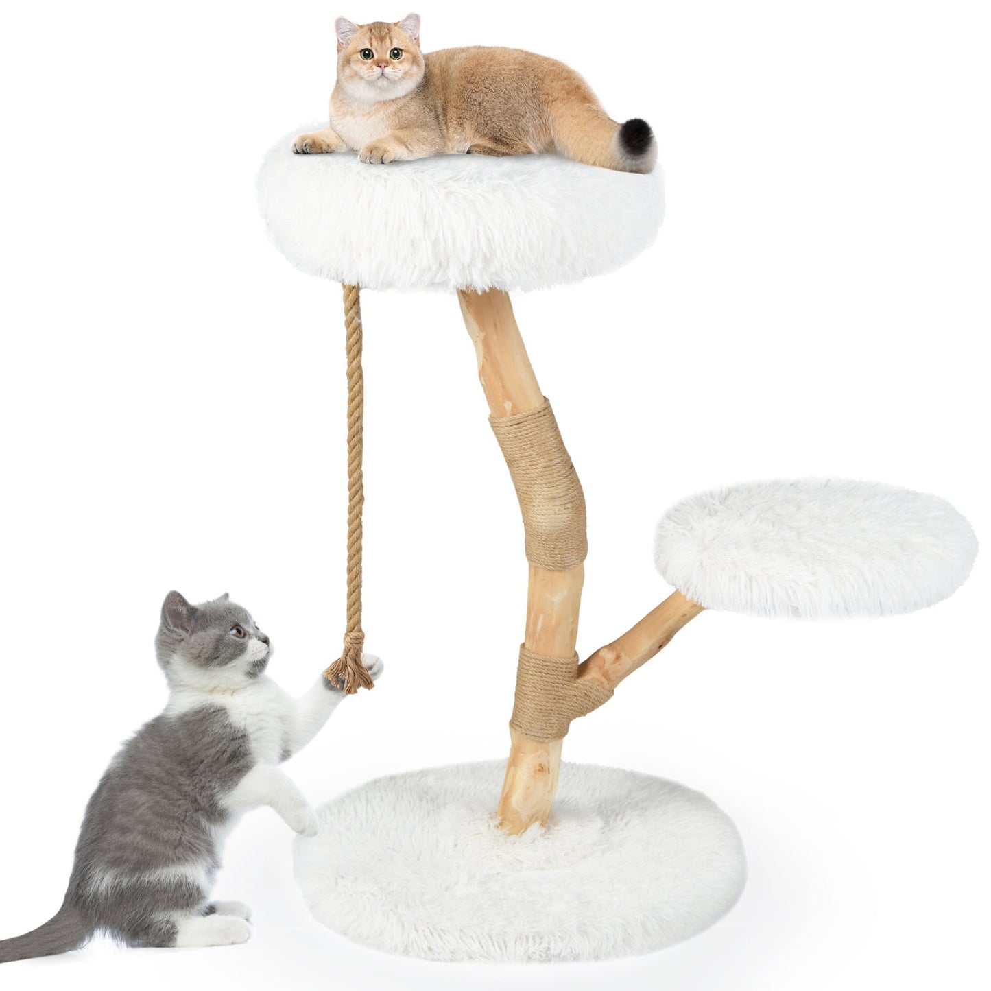 DirectDeals wooden cat tree tower with perch and sisal rope posts, white plush platforms on Tampa Home & Garden Store