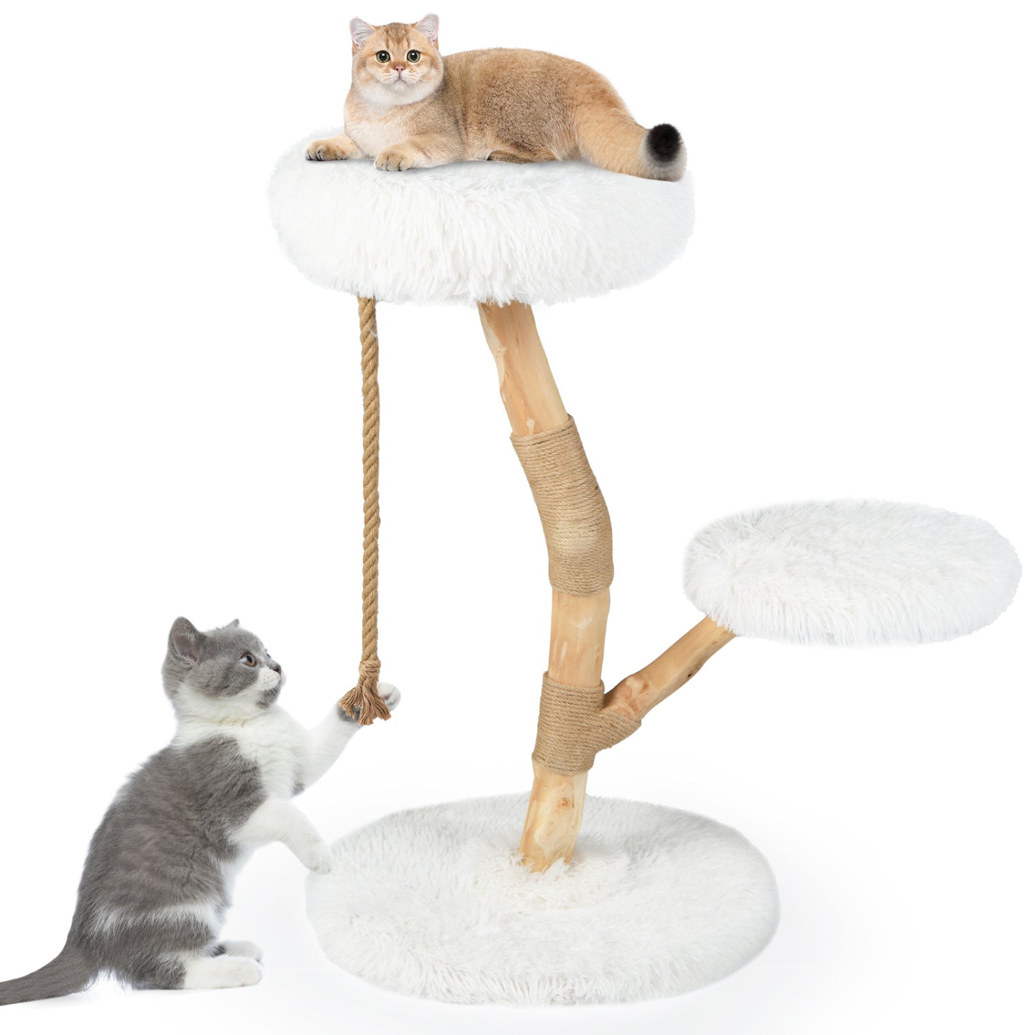 DirectDeals wooden cat tree tower with perch and sisal rope posts, white plush platforms on Tampa Home & Garden Store