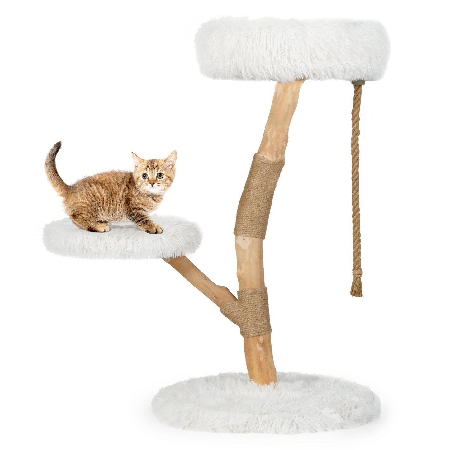 Wooden Cat Tree Tower by DirectDeals with white fluffy perches and sisal rope posts on Tampa Home & Garden Store