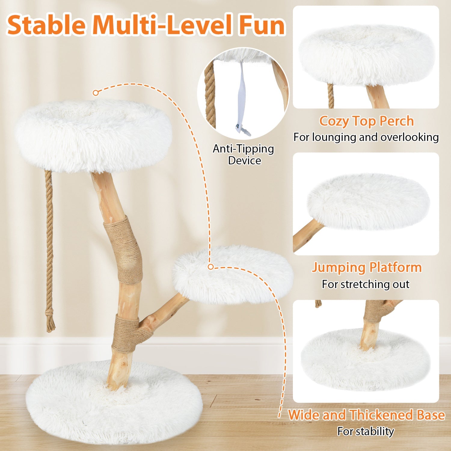 Cat Tree DirectDeals wooden tower with white plush perches and rope posts for cats on Tampa Home & Garden Store