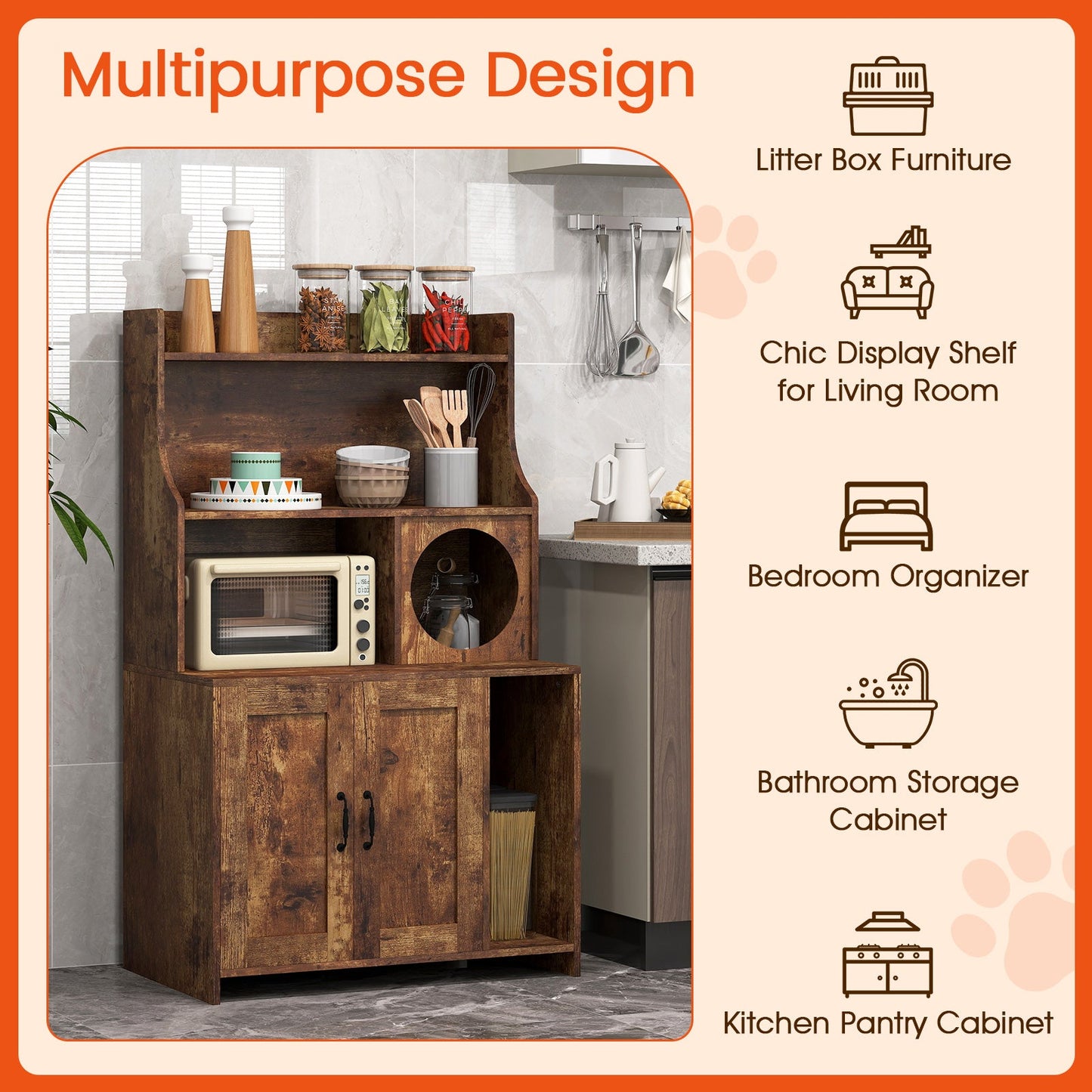 Modern Wooden Industrial Cat Litter Box Enclosure with Storage Shelves-Brown