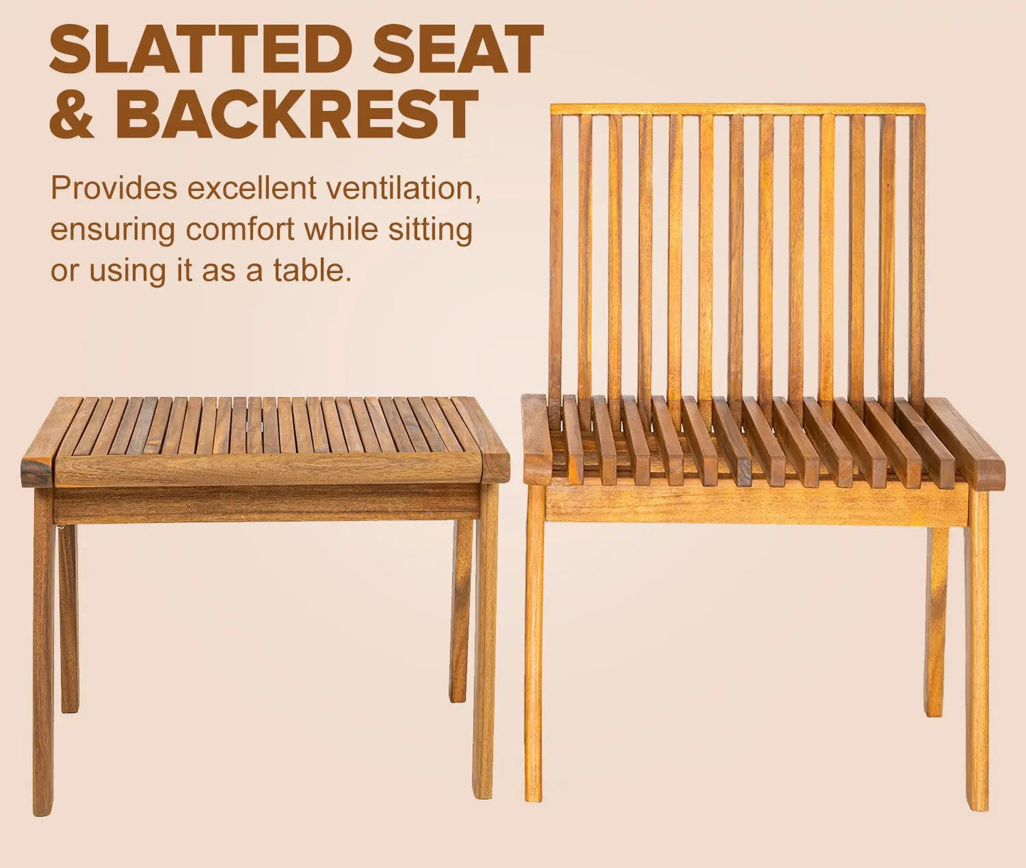 Outdoor Folding Wooden Bench with slatted seat and backrest, paired with a slatted side table on Tampa Home & Garden Store