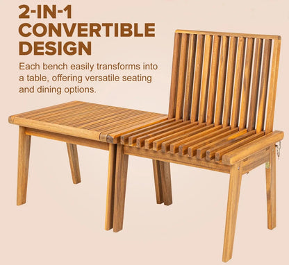 Modular folding wooden bench set, 2-piece outdoor slatted design in wood by Fire Sense on Tampa Home & Garden Store