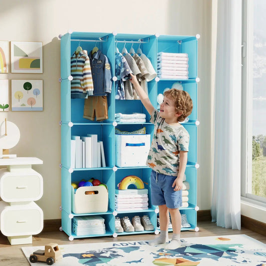 DirectDeals 13-Cube Modular Kids Wardrobe turquoise blue with hanging rod and shelves; kid selecting clothes on hangers on Tampa Home & Garden Store