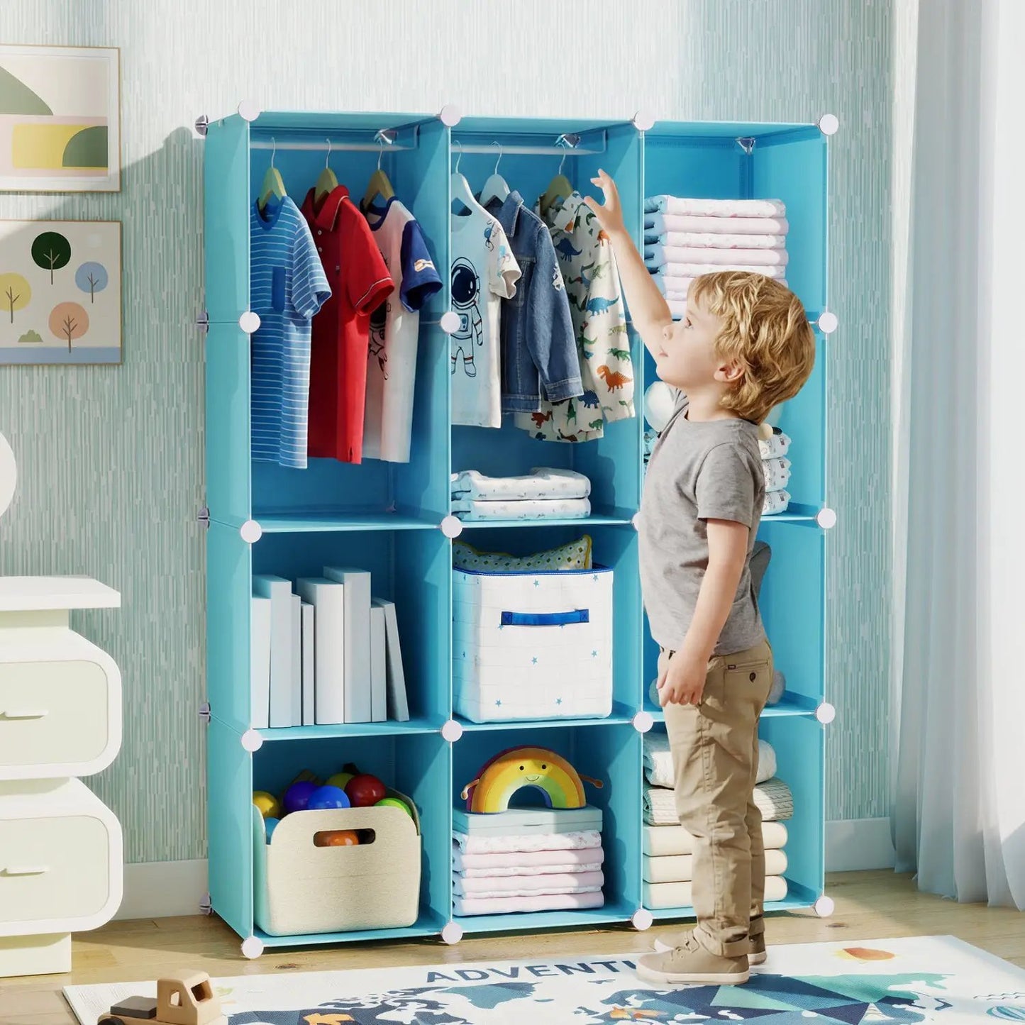 Modular Kids Wardrobe With 10 Cubes and Rod