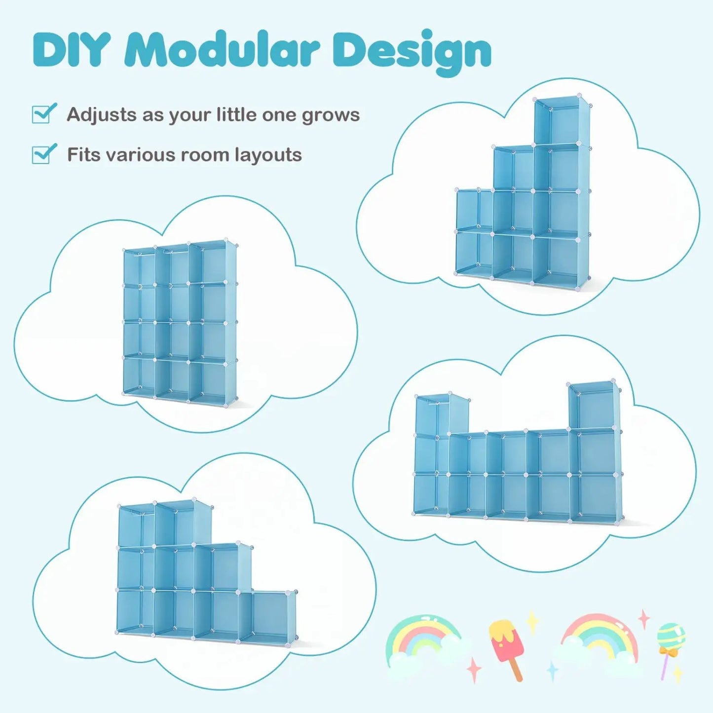 Modular Kids Wardrobe With 10 Cubes and Rod