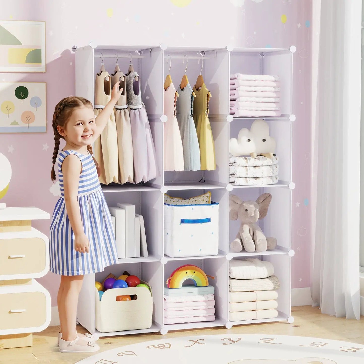 Modular Kids Wardrobe With 10 Cubes and Rod