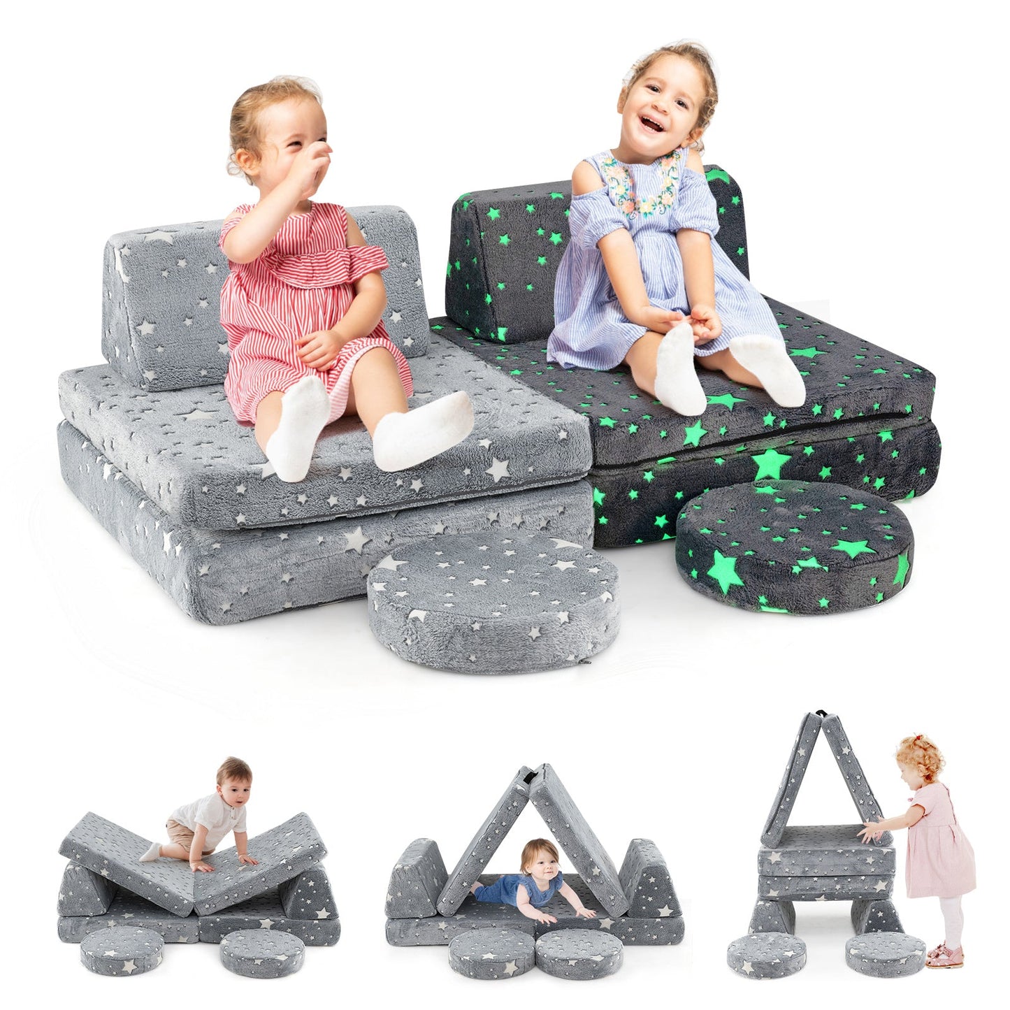 Modular Kids Play Couch Set Glow in the Dark with Portable Handles