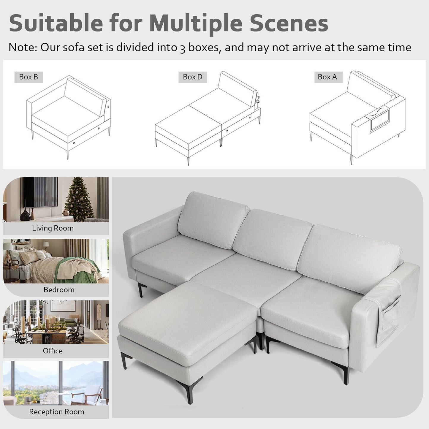 Sofá seccional modular en forma de L de 3 plazas con chaise reversible y 2 puertos USB - Verde