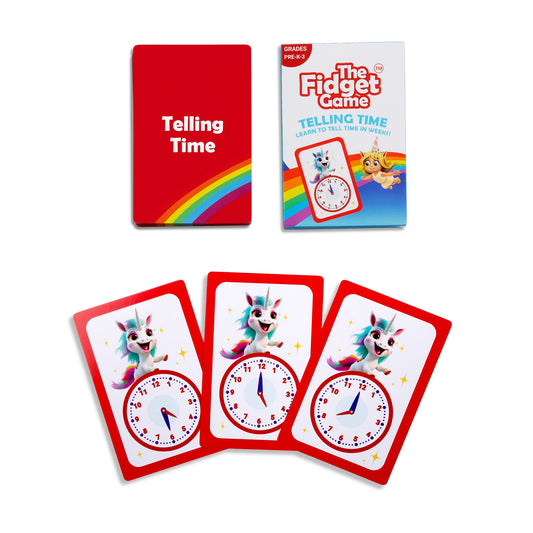 Telling Time Card Pack by The Fidget Games - red deck with rainbow arc and clock cards on Tampa Home & Garden Store