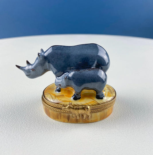 Mom and Baby Rhinos Vintage Retired Limoges Miniature Box. Collectible Porcelain & Brass Trinket Ring Pill Box. African Safari Design. - Tampa Home & Garden Store