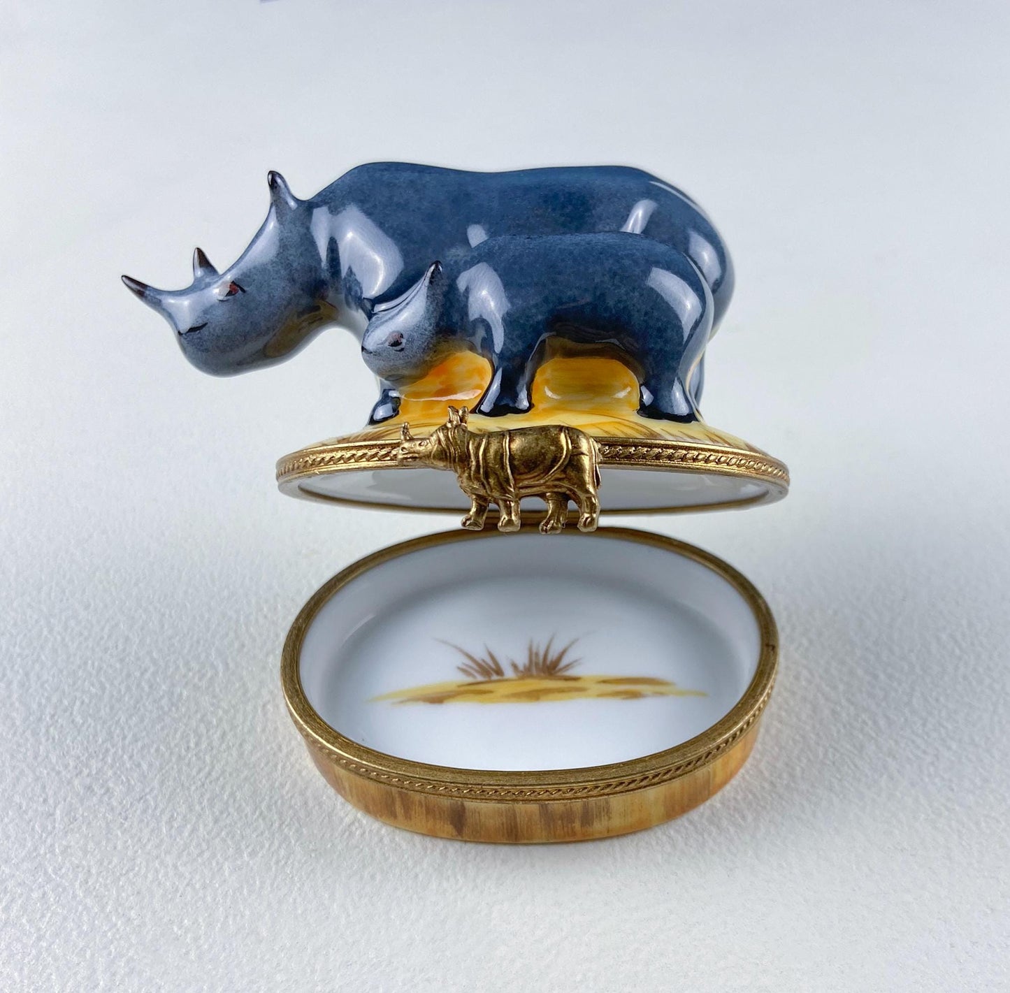 Mom and Baby Rhinos Vintage Retired Limoges Miniature Box. Collectible Porcelain & Brass Trinket Ring Pill Box. African Safari Design. - Tampa Home & Garden Store