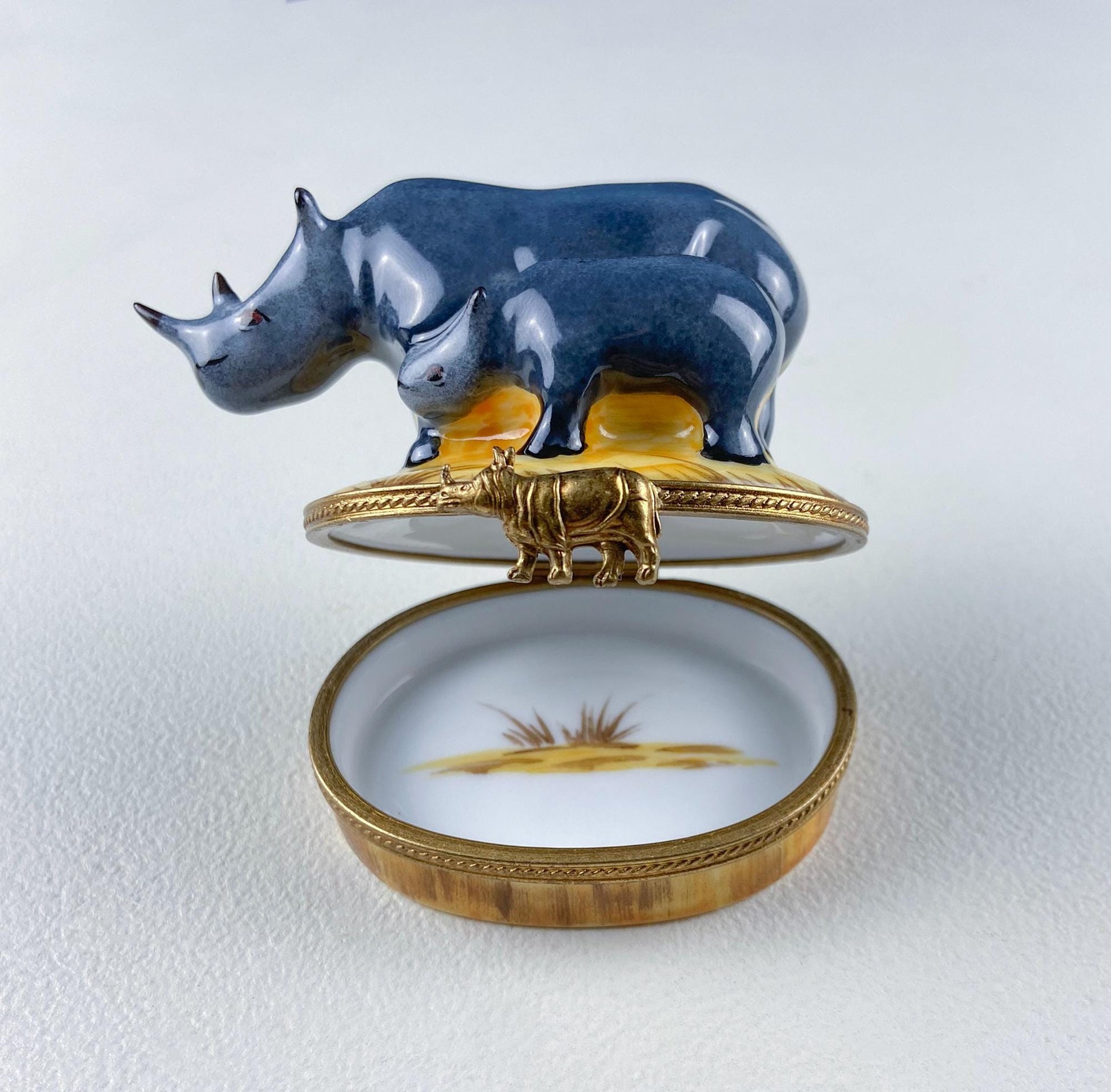 Mom and Baby Rhinos Vintage Retired Limoges Miniature Box. Collectible Porcelain & Brass Trinket Ring Pill Box. African Safari Design. - Tampa Home & Garden Store