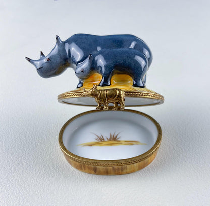 Mom and Baby Rhinos Vintage Retired Limoges Miniature Box. Collectible Porcelain & Brass Trinket Ring Pill Box. African Safari Design. - Tampa Home & Garden Store
