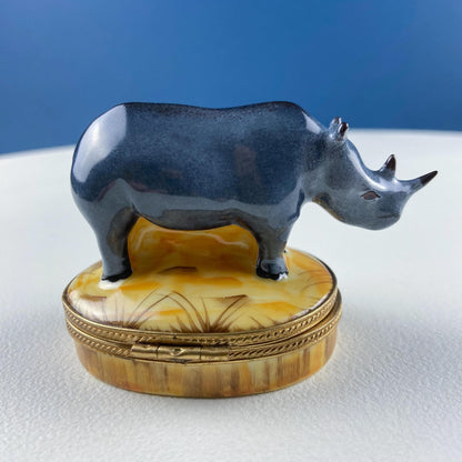 Mom and Baby Rhinos Vintage Retired Limoges Miniature Box. Collectible Porcelain & Brass Trinket Ring Pill Box. African Safari Design. - Tampa Home & Garden Store