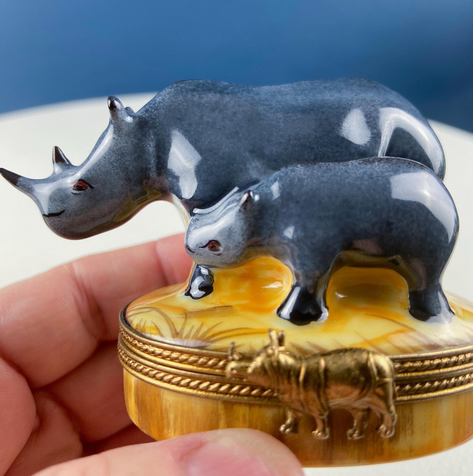 Mom and Baby Rhinos Vintage Retired Limoges Miniature Box. Collectible Porcelain & Brass Trinket Ring Pill Box. African Safari Design. - Tampa Home & Garden Store