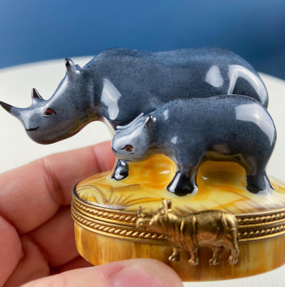 Mom and Baby Rhinos Vintage Retired Limoges Miniature Box. Collectible Porcelain & Brass Trinket Ring Pill Box. African Safari Design. - Tampa Home & Garden Store