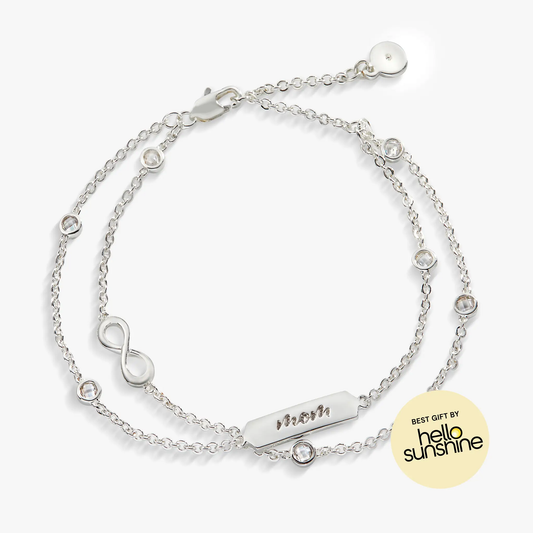 Mom Infinity Chain Double Strand Bracelet with infinity charm and crystal beads in silver-tone on Tampa Home & Garden Store