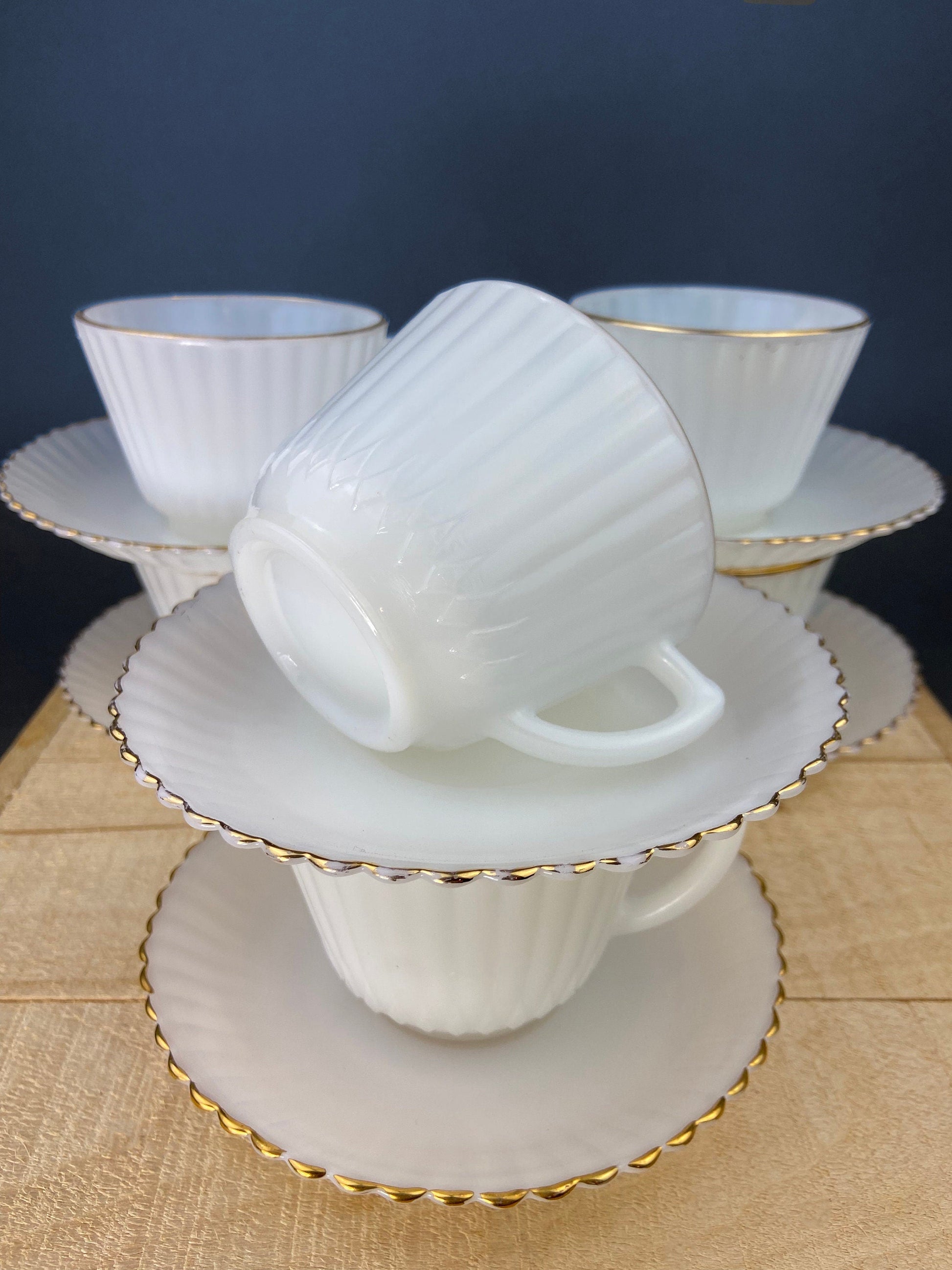 Monax Petalware Opalescent Creamer and Sugar Bowl. White with Gold Brim Depression Glass Creamer and Sugar Bowl. - Tampa Home & Garden Store