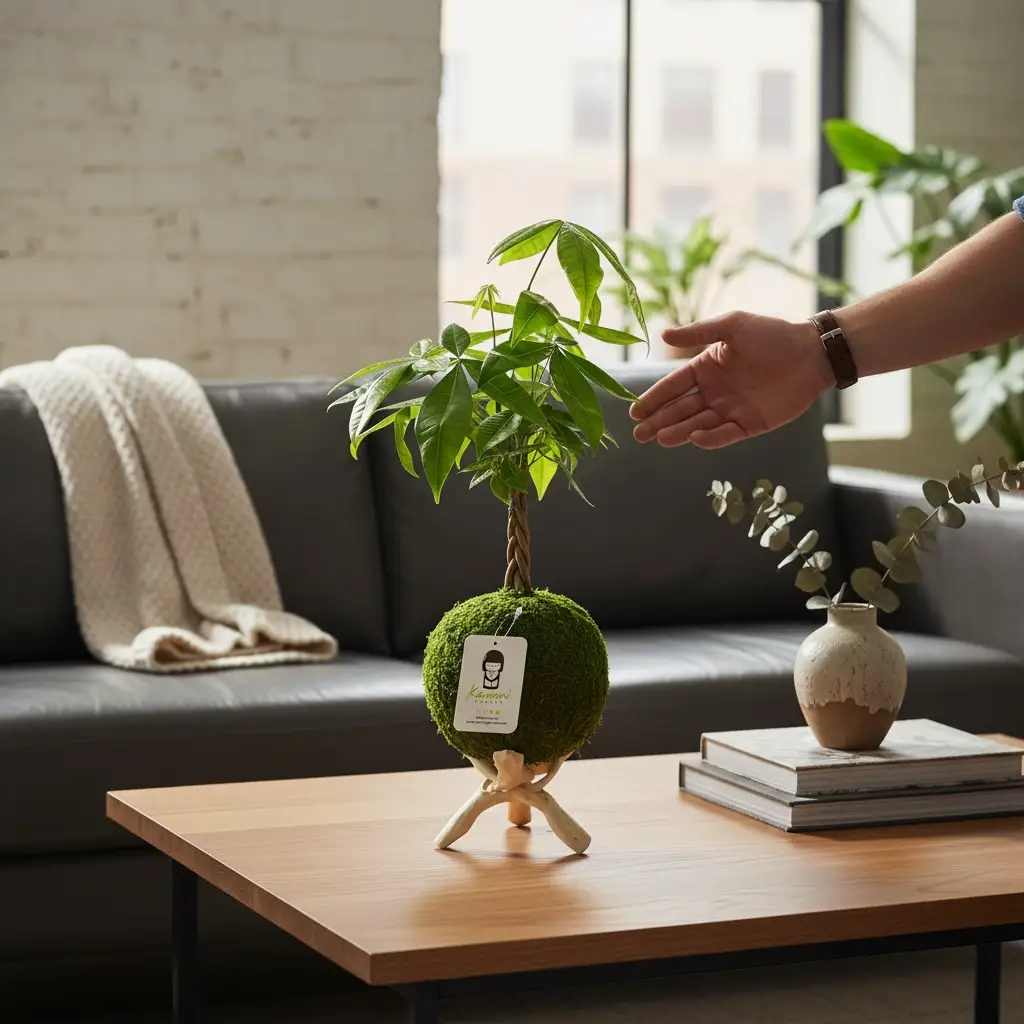 Money Tree Moss Ball Kokedama by Kazumi Garden; braided trunk atop green moss ball in living room on Tampa Home & Garden Store